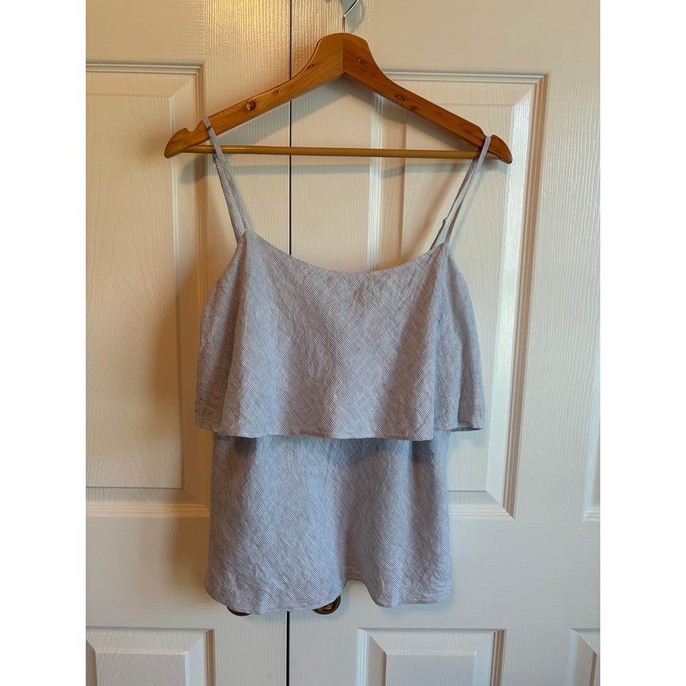 Saks Fifth Avenue 100% Linen Striped Tiered Ruffle Cami Top Blue White Medium